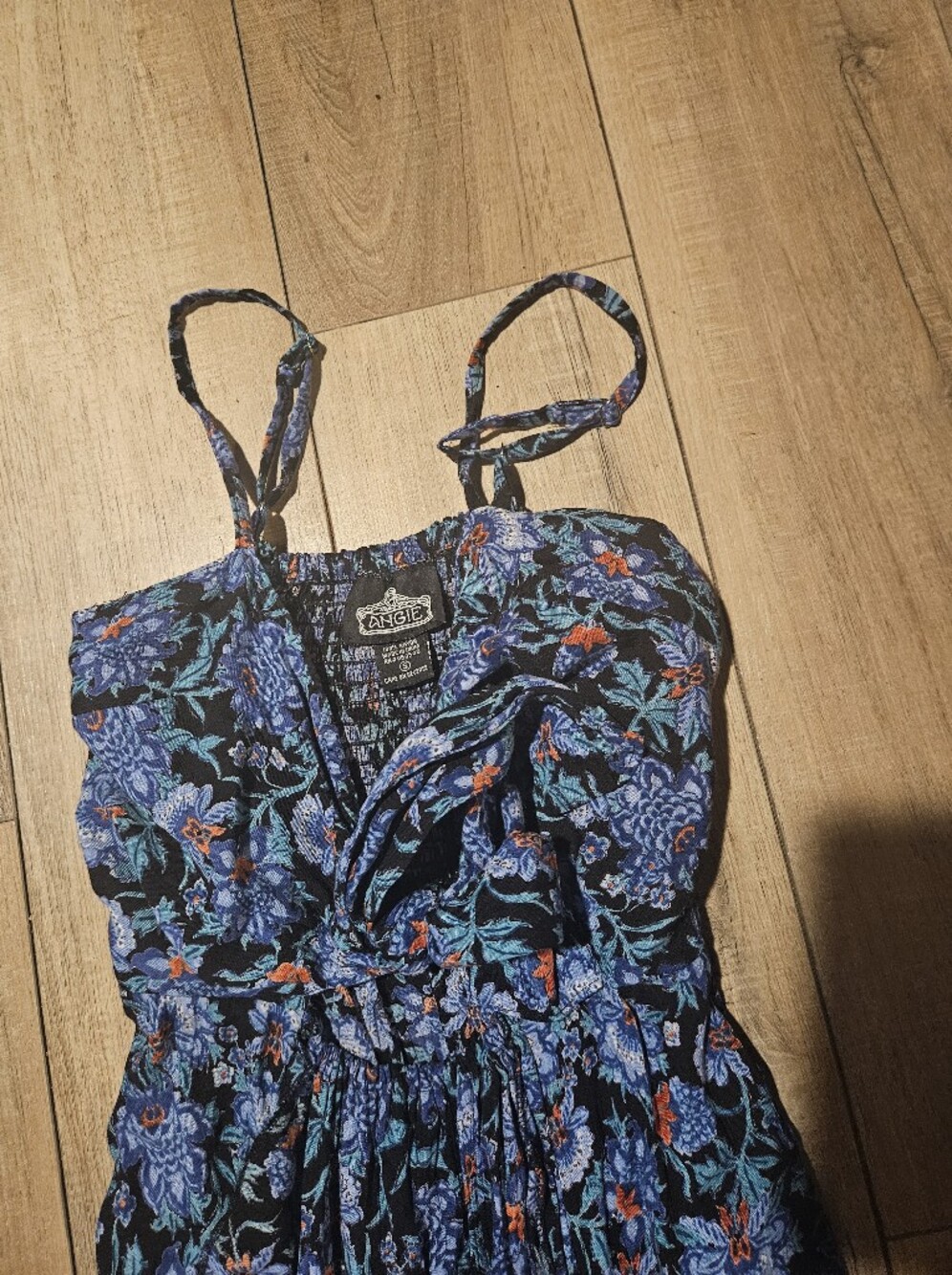 Angie Navy Maxi Dress with Blue and Black Floral Print. Front Tie And Opening. - Picture 4 of 6